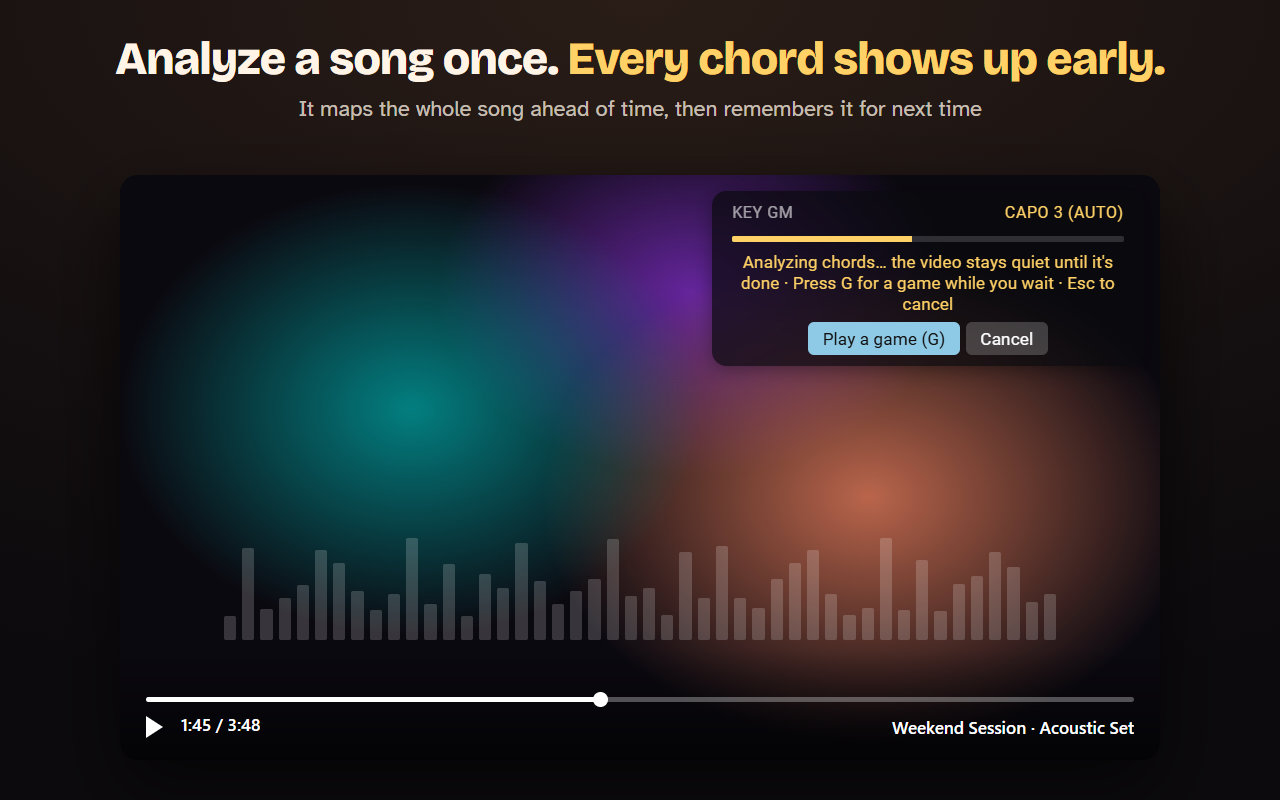 The chord box while a song is being analyzed, with a progress bar and a button to play a game while you wait.