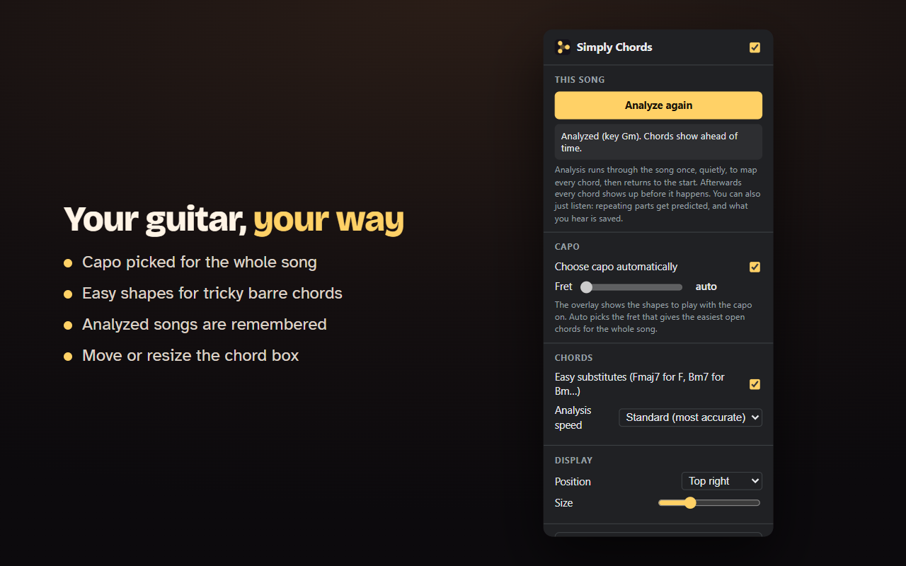The Simply Chords menu with capo, easy shapes, analysis and display settings.