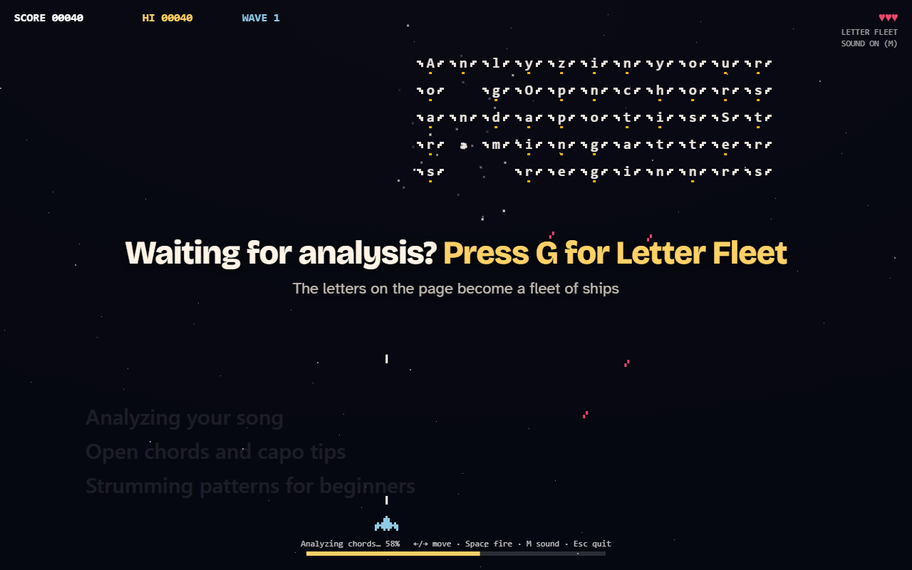 The Letter Fleet game: letters from the page arranged as a fleet of small winged ships above the player's ship.